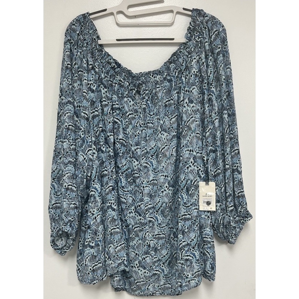 Terra & Sky Women's Plus Blouse  Blue Printed On Or Off Shoulder Top Size 2X